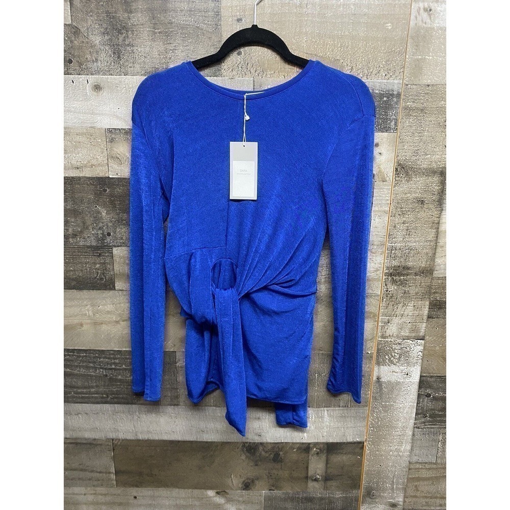 NEW Zara Flared Long Sleeve Twist Tie Bow Detail Blue Blouse Shirt Top S